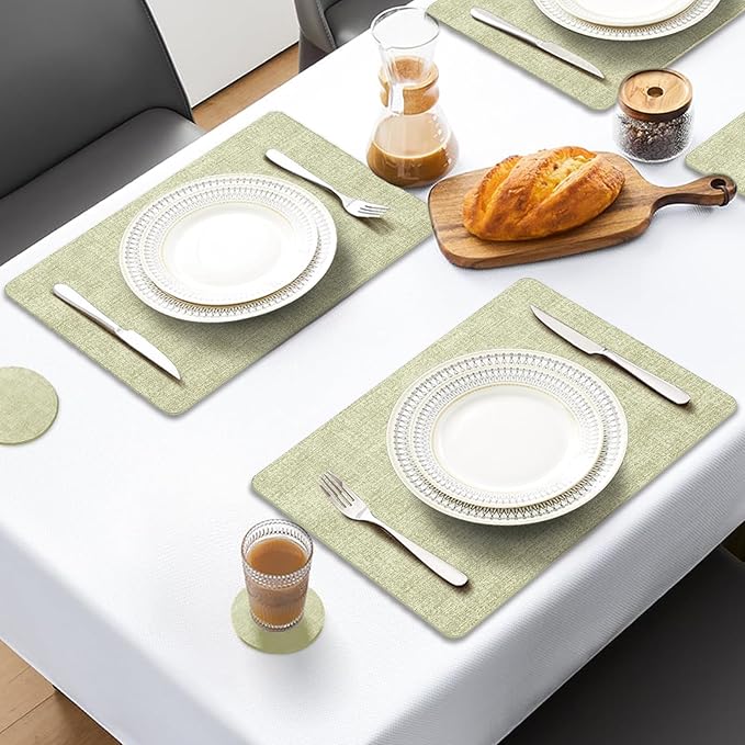 MOSAYT Faux Leather Placemats Set of 8, Heat Resistant Vinyl Place Mats with Coasters, Wipeable Washable Waterproof Oil Proof Table Mats for Kitchen Dining Indoor Outdoor, 12" x 17", Sage Green