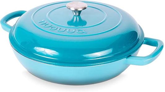 Shallow Cast Iron Casserole with Lid ??Non Stick Dutch Oven Pot, Oven Safe up to 500째 F ??Sturdy Ovenproof Stockpot Cookware ??Enamelled Cooking Pot ??Blue, 5-Quart, 32cm ??by Nuovva
