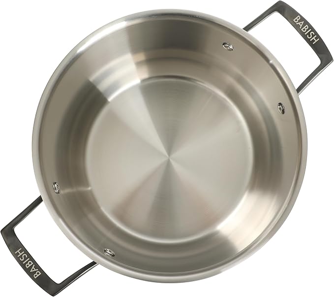 Babish 8 Quart Tri-Ply Stainless Steel Stock Pot with Glass Lid & Black Handles ??Dutch Oven, Oven Safe, Dishwasher Safe