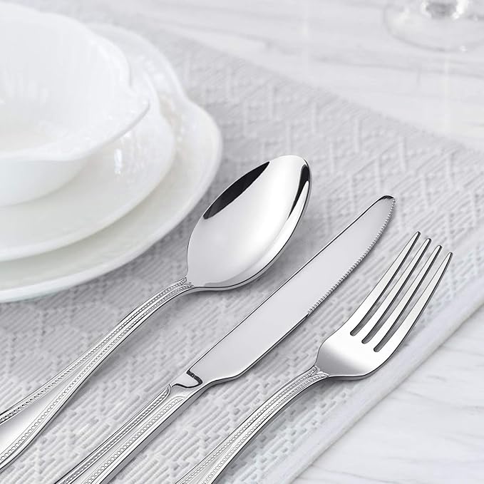40-Piece Silverware Set, HaWare Stainless Steel Flatware Service for 8, Pearled Edge Tableware Cutlery Include Knife/Fork/Spoon, Beading Eating Utensil for Home, Mirror Polished, Dishwasher Safe