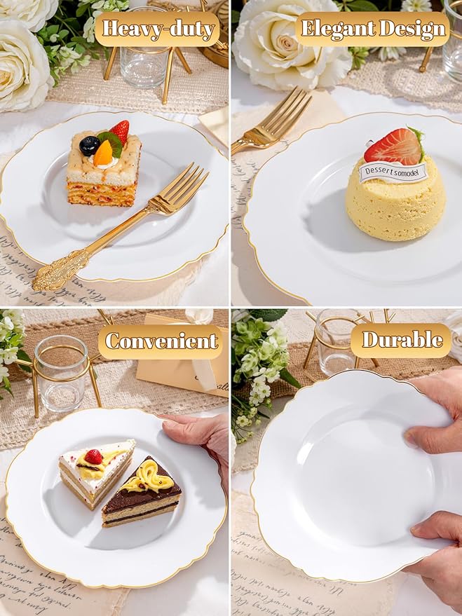 WDF 60pcs Gold Dessert Plates-7.5inch Baroque White and Gold Small Plastic Plates/Disposable Dessert/Salad/Appetizer Plastic Plate for Upscale Valentine's Day/Wedding/Birthday