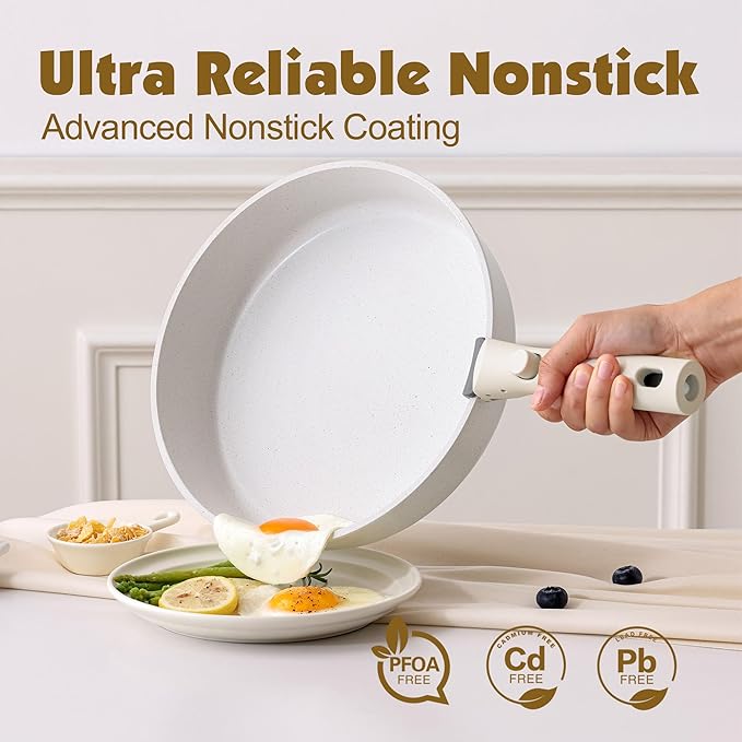 SENSARTE 17 Piece Pots and Pans Set, Nonstick Detachable Handle Cookware Set, Induction Kitchen Cookware Set with Removable Handle, Healthy Non Stick for RV, Dishwasher 竊?Oven Safe, PFOA Free (White)