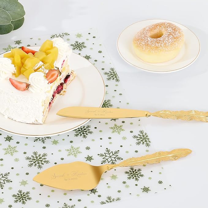 Wedding Cake Knife and Server Set, Personalized Gold Cake Cutting Set for Wedding, Engraved Classic Cake Cutter Set, Pie PastryServer, Birthday Bridal Quincea챰era Gift (CUS-Feather)