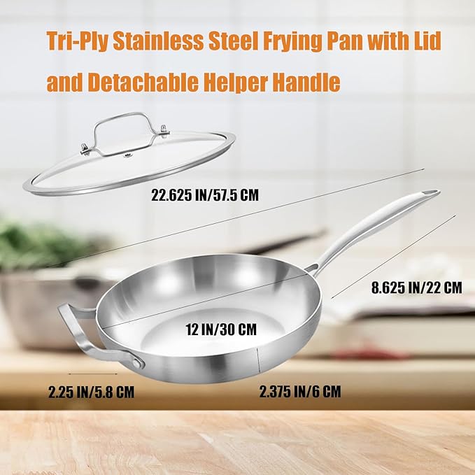 Inqibee 12 Inch Tri-Ply Stainless Steel Frying Pan with Lid and Helper Handle, Skillet, Induction Cooking Pan, Dishwasher and Oven Safe, Detachable Handle.