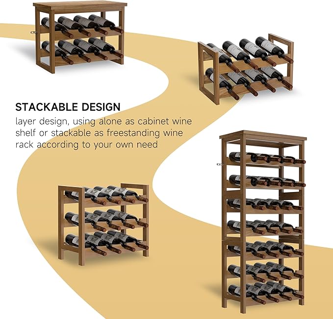 28-Bottle Wine Rack Free Standing Floor, Solid Wood 7-Tier Display Wine Storage Shelves with Tabletop, Wobble-Free Bottle Holder for Cellar Kitchen Bar Dining Room Living Room, Light Brown
