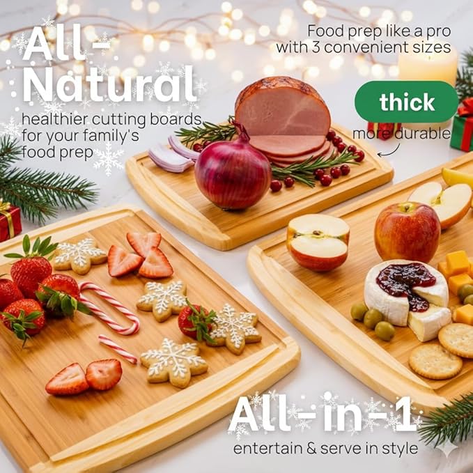 Organic Bamboo Cutting Boards for Kitchen Set of 3 with Lifetime Replacements ??Premium Extra Large Wood Chopping Boards with Juice Grooves for Carving & Serving, Non-Toxic & Durable by Greener Chef