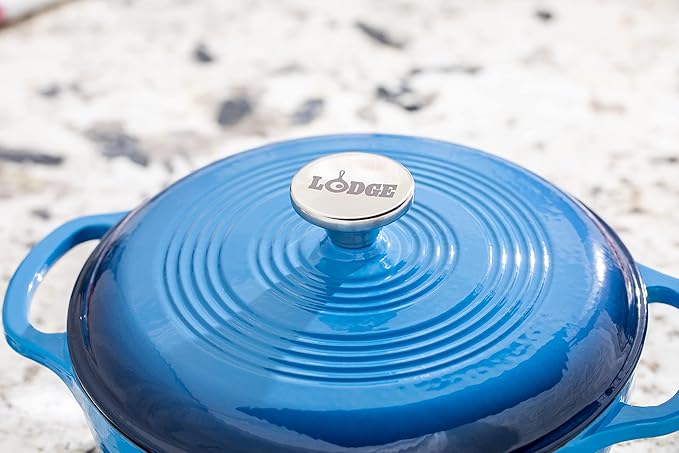 Lodge 3 Quart Enameled Cast Iron Dutch Oven with Lid ??Dual Handles ??Oven Safe up to 500째 F or on Stovetop - Use to Marinate, Cook, Bake, Refrigerate and Serve ??Caribbean Blue
