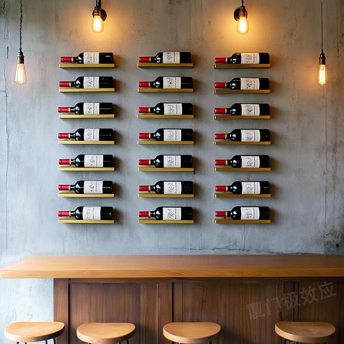 6-Shelf Metal Wall Mounted Wine Rack - Hanging Wine Bottle Holder Organizer for Kitchen, Bar, Home Storage - 6PCS Iron Wine Bottle Display Stand (6PCS-Gold)