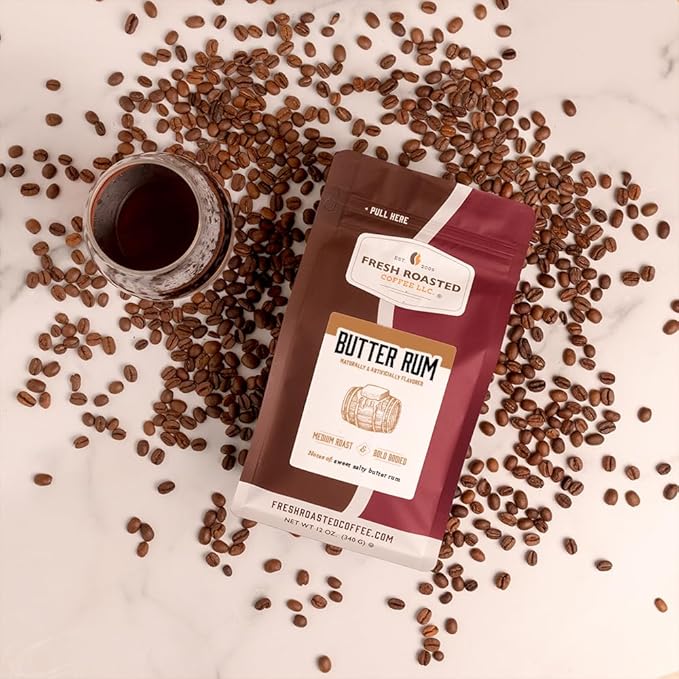 Fresh Roasted Coffee, Butter Rum Flavored Coffee, 12 oz, Medium Roast, Kosher, Ground
