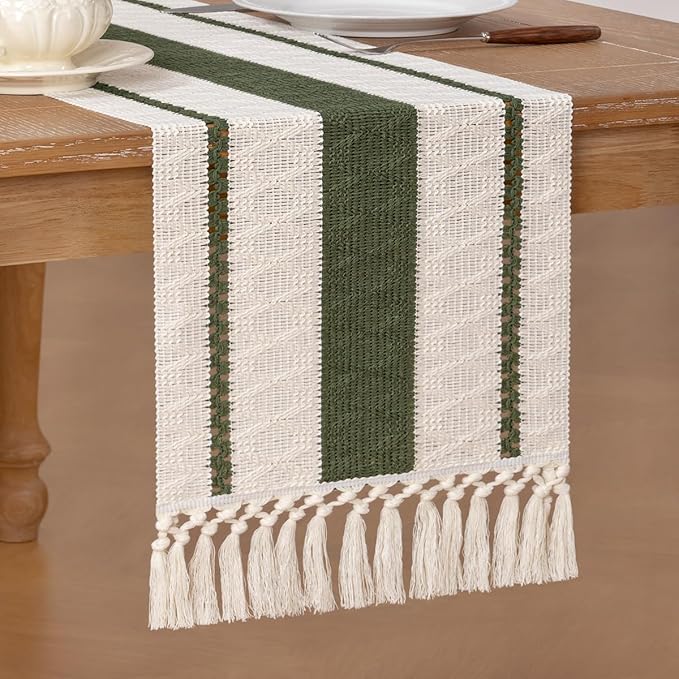 Socomi Boho Table Runner Valentine's Day Farmhouse Rustic Dining Kitchen Centerpiece Decor Small Macrame Woven Cotton Linen Coffee Table Runner for Dresser Scarf Home Decor 12x72 inch Olive Green