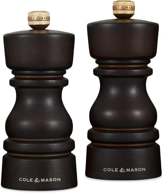 Cole & Mason London Refillable Spice Mill - Kitchen & Home Accessory - Salt & Pepper Grinder Set - Salt Mill with Ceramic Mechanism - Pepper Mill with Carbon Steel Mechanism - 5", Chocolate Wood
