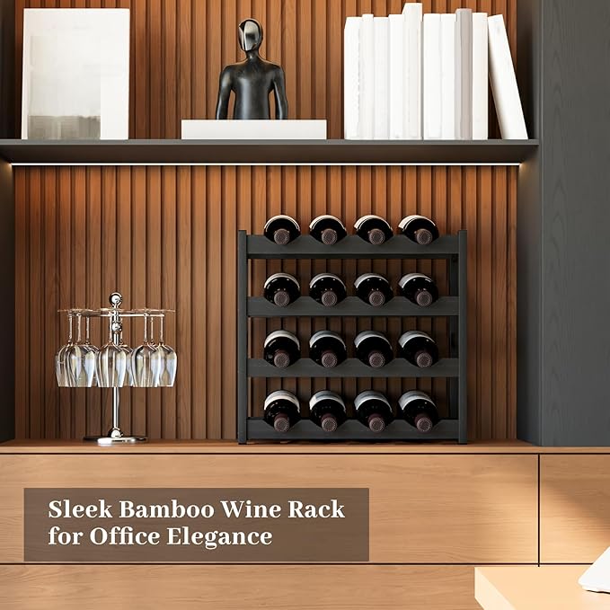 Wine Rack竊똁amboo Wine Storage Cabinet Shelf竊똂ountertop Wine Shelf- Freestanding Wine Holder for Kitchen & Pantry (Black, 4-Tier)
