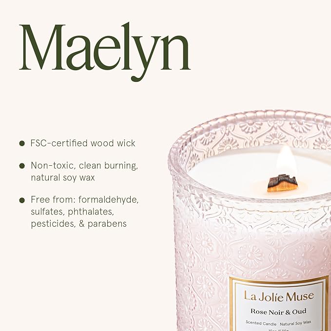 LA JOLIE MUSE Rose Noir & Oud Scented Candle ??Lemon, Rose & Oud | Valentine's Day Candle Gift | 19 oz Large Wooden Wick Candle | Natural Soy Wax | 90 Hours Clean Burn | Elegant Home D챕cor