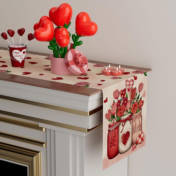 XCHI Roses Flowers Love Hearts Vase Valentine?셲 Day Table Runner Table Decoration for Party Home Kitchen Dining Dinner Holiday Decor 13x72 Inch