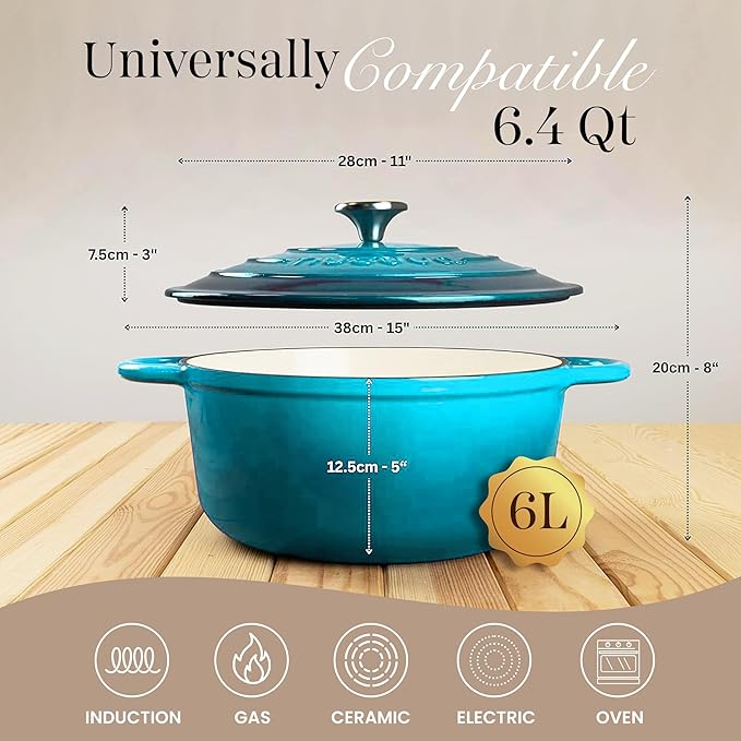Nuovva Enamelled Cast Iron Dutch Oven Pot with Lid 6.4 Quart Non Stick Casserole Pot ??Heavy Duty & Oven Safe up to 500째 F for Bread Baking, Braising, Stews, Roasting ??28cm Light Blue