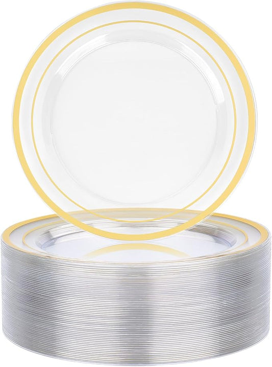 BESTVIP 50PCS 7" Clear Gold Plastic Plates, Disposable Salad Dessert Plate with Gold Rim for Christmas, Thanksgiving, Heavy Duty Disposable Plastic Plates for Party, Wedding and Birthday, Events