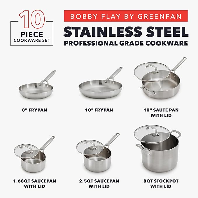 GreenPan x Bobby Flay 10 Piece Stainless Steel Cookware Set, Tri-Ply Multiclad Pots & Pans, Professional Grade, Oven & Broiler Safe to 600째F, Dishwasher Safe, Durable, Induction Compatible, Silver