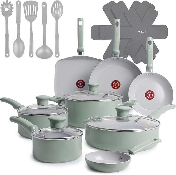 T-Fal Refresh Ceramic Nonstick Cookware Set, 20-Piece, Oven Safe to 350째F, Stockpot, Ceramic Pots and Pans Set, Frying Pans, Griddle, Utensils, Mint Green