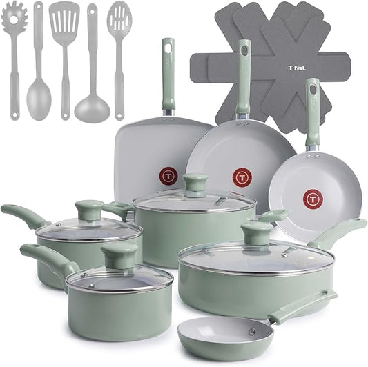 T-Fal Refresh Ceramic Nonstick Cookware Set, 20-Piece, Oven Safe to 350째F, Stockpot, Ceramic Pots and Pans Set, Frying Pans, Griddle, Utensils, Mint Green
