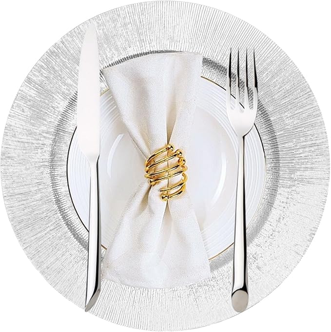 50pcs Silver Charger Plates, 13" Round Reusable Decorative Flower Relief Carving Bulk Chargers for Dinner Plates, Wedding, Bridal Shower