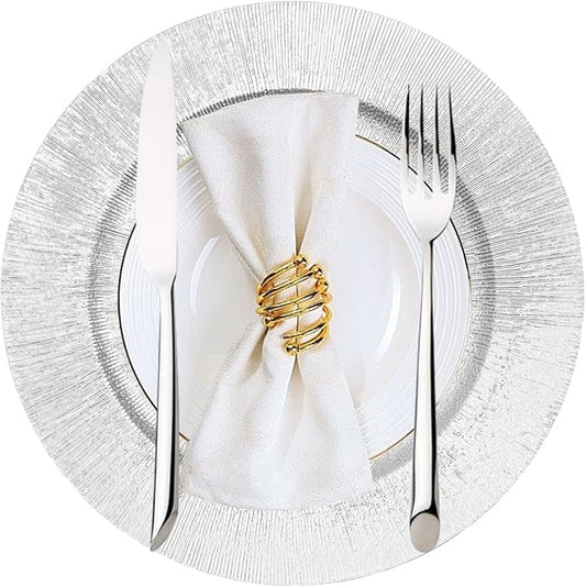 50pcs Silver Charger Plates, 13" Round Reusable Decorative Flower Relief Carving Bulk Chargers for Dinner Plates, Wedding, Bridal Shower