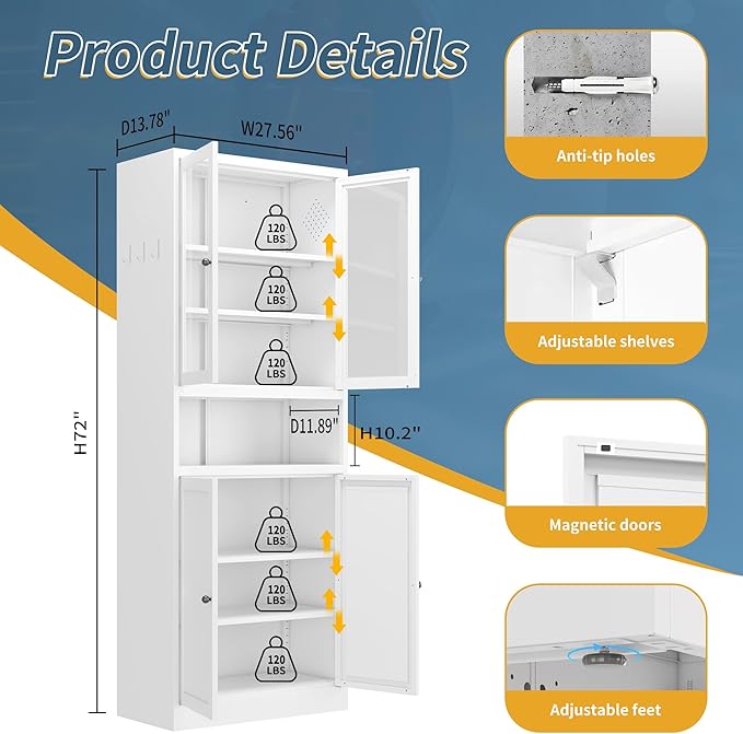 Kitchen Pantry Cabinet, 72" H Storage Cabinet with Glass Doors and Adjustable Shelves, Metal Bathroom Cabinets, Utility Cabinets for or Kitchen, Living Room, Assembly Required, White