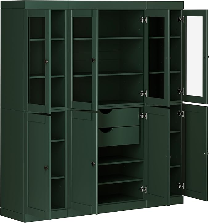 Palace Imports 100% Solid Wood Kitchen China Pantry Cabinet, 65" W - 4 Clear Glass & 4 Shaker Doors, Renewable Eco-Friendly Wood, Made in Brazil (Green, 8 China/Shaker Doors | 2 Drawers)