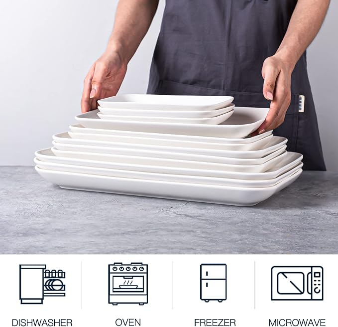 DELLING 8in White Rectangular Serving Plates-Large Serving Platter Set Salad Plates - Big Serving Trays for Parties Meat, Sushi, Dinner Plate Oven Safe Dinnerware Set of 3