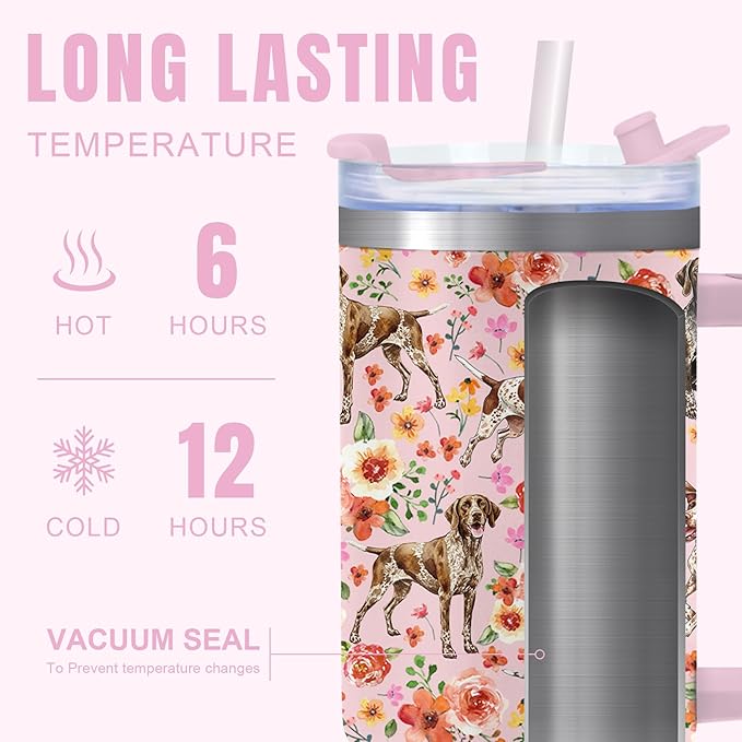 Yogusut German Shorthaired Pointer Gifts for Women, 40oz Stainless Steel Insulated Tumbler Travel Mug Cup with Handle Straw, Gifts for Dog Mom Dog Lover