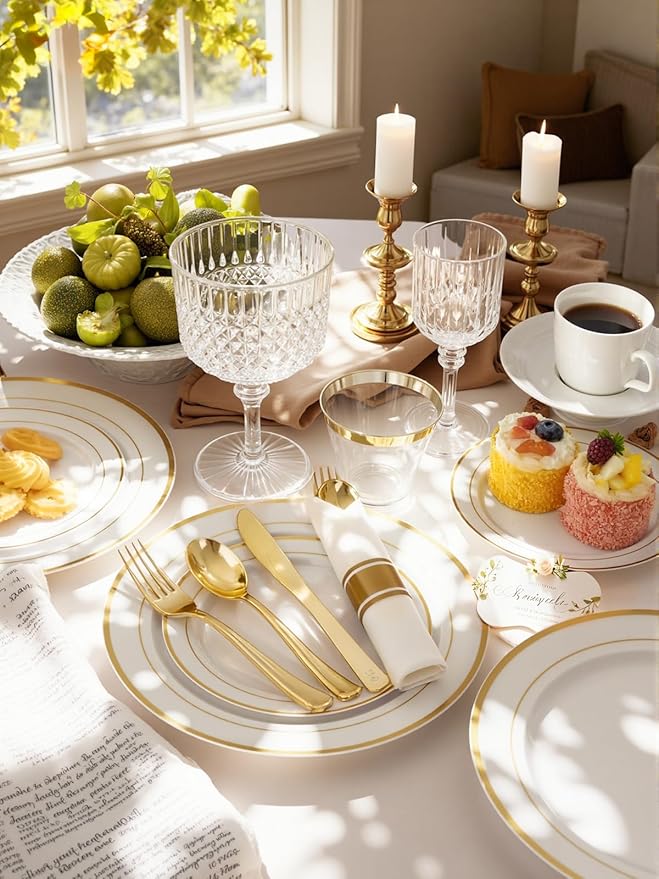 175PCS White and Gold Plastic Plates - Christmas Plates with Rolled Napkins for Party - 25Guest Disposable Dinnerware Sets for Party/Wedding/Valentine's Day