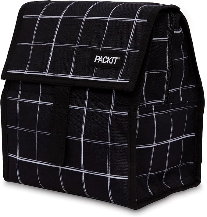 PackIt짰 Freezable Lunch Bag, Black Grid, Built with ECOFREEZE짰 Technology, Foldable, Reusable, Zip and Velcro Closure with Buckle Handle, Designed for Work Lunch and Fresh Lunch On the Go