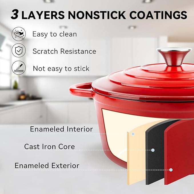 Miereirl 4.5 Quart Enameled Dutch Oven Pot with Lid, Cast Iron Dutch Oven with Dual Handles for Bread Baking, Cooking, Non-stick Enamel Coated Cookware (Red)
