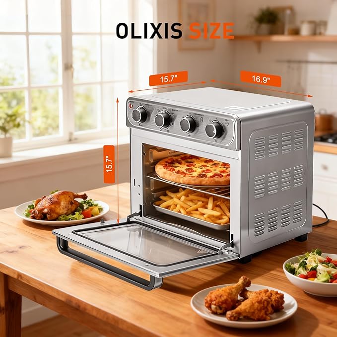 OLIXIS Air Fryer Toaster Oven Combo Extra Large, 26.4QT Convection Oven Countertop 4 Functions in 1, 4 Accessories Included, Stainless, Up to 450°F
