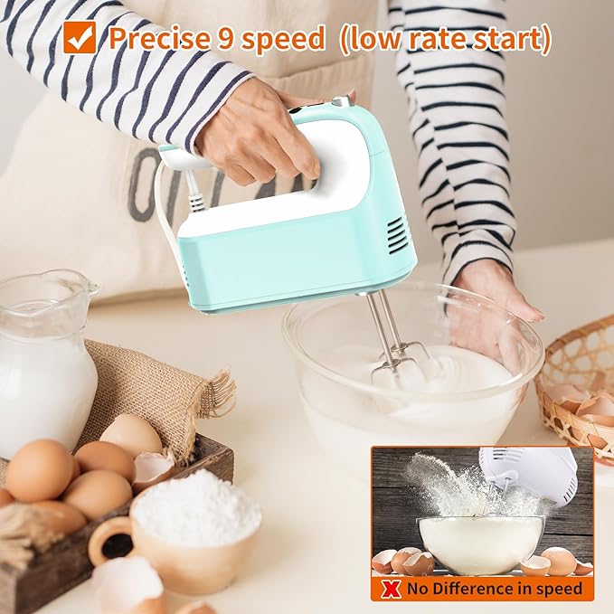 9-Speed Digital Hand Mixer Electric, 400W Powerful DC Motor, Baking Handheld with Snap-On Storage Case, 5 Stainless Steel Accessories, Flat Beaters, Dough Hooks, Whisk(Ice Blue/White)