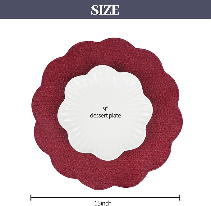 AHHFSMEI Round Faux Linen Placemats Set of 4 Waterproof Table Mats Heat Resistant Non-Slip and Stain Proof for Kitchen Dining Elegant Decor (Burgendy red,4)