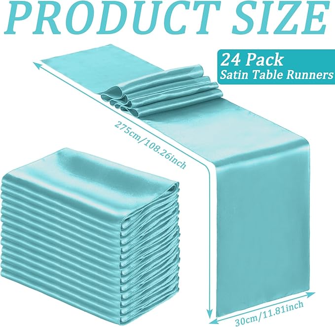 Bencailor 24 Pcs Light Blue Satin Table Runner Bulk 12 x 108 Inches Long Table Runners Bright Smooth Fabric Tablecloth for Wedding Banquet Birthday Valentines St Patrick's Day Party Decorations