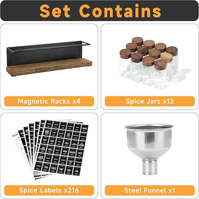 Wooden Lid Magnetic Spice Rack with 12 Jars, 216 Labels, 1 Steel Funnel for Refrigerator竊똌icrowave Oven - Full Set of Spice Organizer