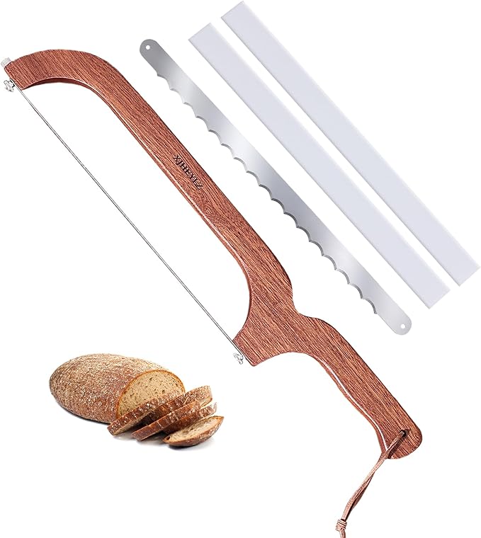 Sourdough bread knife, Bread Knife 16",Bread Slicer for Homemade Bread,Adjustable blade tightness for Even Slicing, Serrated knife,Wooden Bread cutter with Bow Design (3, Red-brown color)