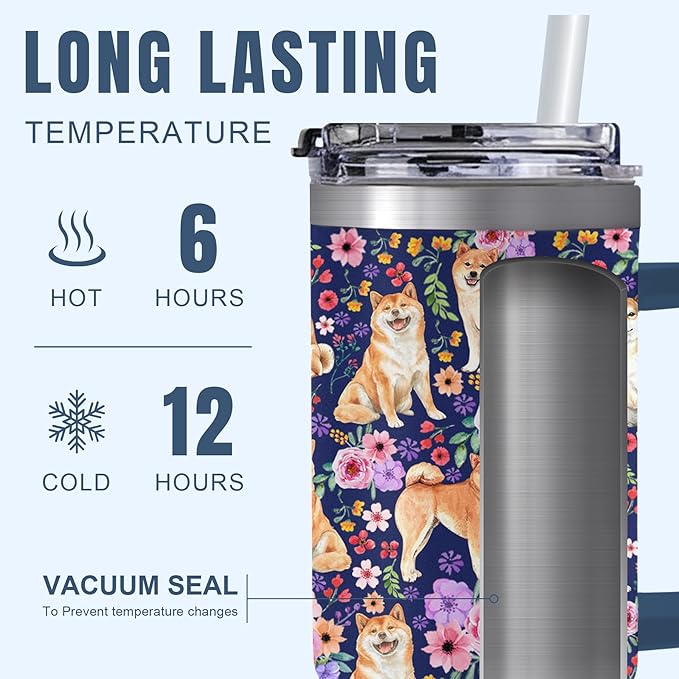 Yogusut Shiba Inu Gifts for Women, 40oz Stainless Steel Insulated Tumbler Travel Mug Cup with Handle Straw, Gifts for Dog Mom Dog Lover