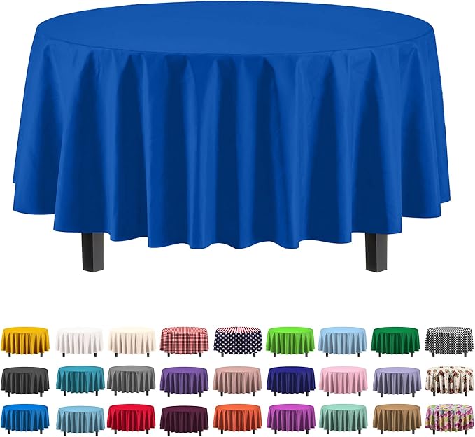 Party Solids 6-Pack Premium Plastic Tablecloth 84in. Round Plastic Table Cover - Dark Blue