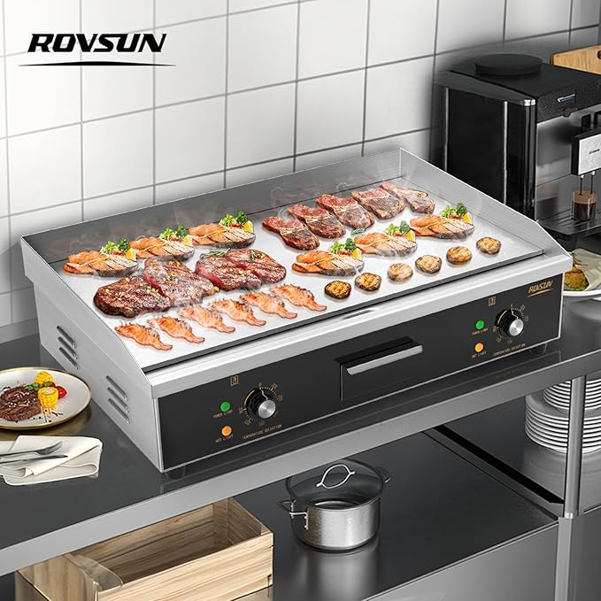 ROVSUN 30" Electric Countertop Flat Top Griddle, 3000W Electric Griddle, Teppanyaki Grill Stainless Steel with Adjustable Temperature Control 122째F-572째F for Commercial Home Restaurant, Plug