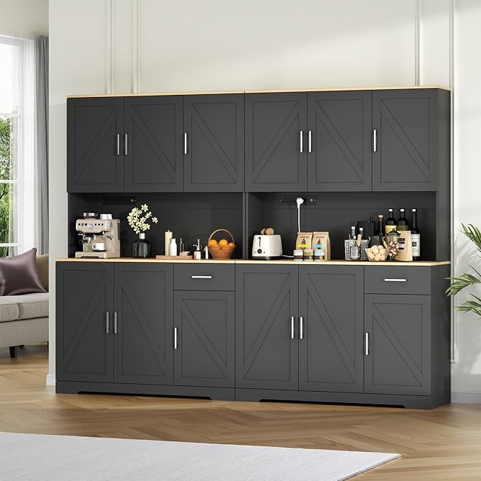71'' Tall Kitchen Pantry Cabinet w/Power Outlet, Farmhouse Kitchen Storage Cabinet Freestanding Hutch w/Drawer, 4 Adjustable Shelf & 6 Doors for Dining (Black, 71?섃섽 x 40.24''W x15.28''D)