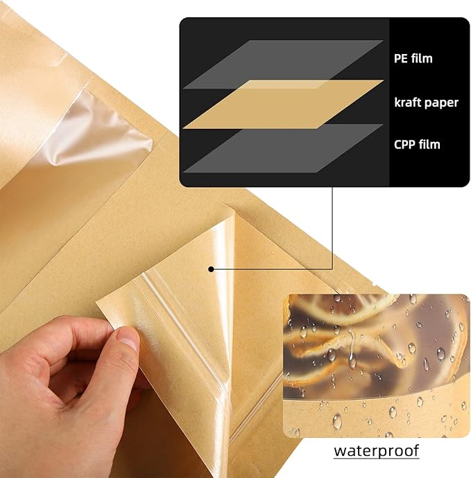 100 Pcs Kraft Stand Up Pouches 7.1 x 10.2 Inch Resealable Zip Lock Food Storage Bags with Matte Window for Packaging