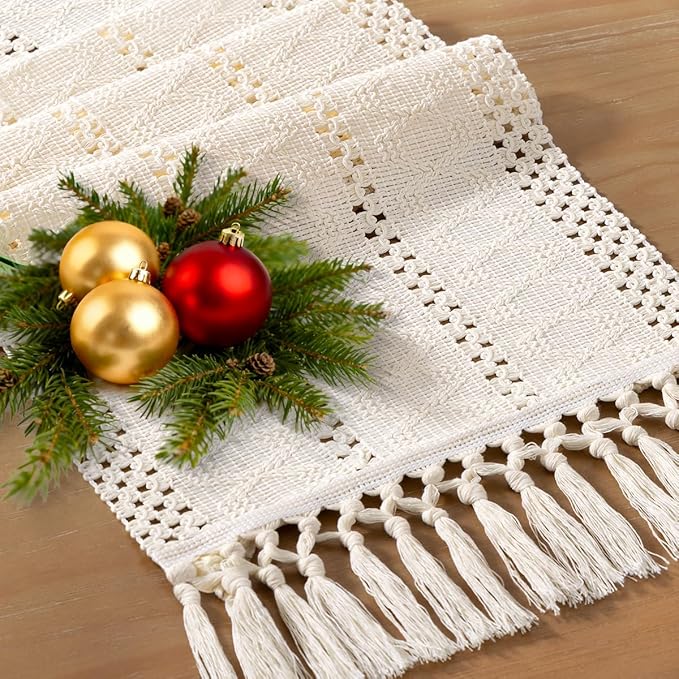 Socomi Boho Table Runner Valentine's Day Farmhouse Rustic Dining Kitchen Centerpiece Decor Small Macrame Woven Cotton Linen Coffee Table Runner for Dresser Scarf Home Decor 12x60 inch Cream Ivory