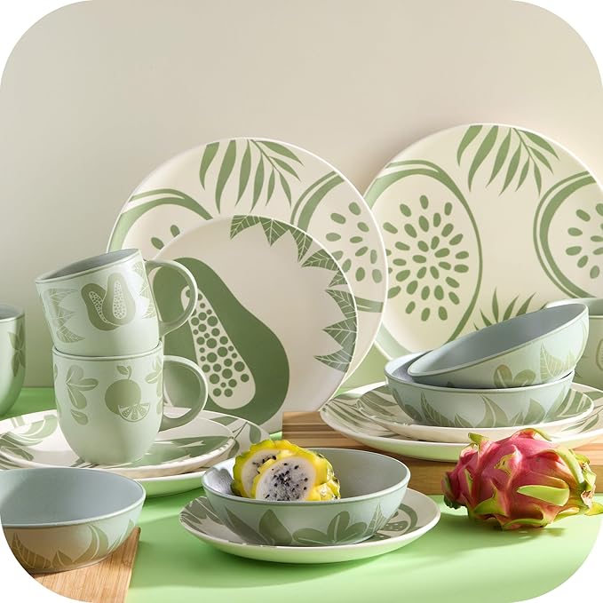 Corona 16?뱎iece Green Tropical Fruit Design Ceramic Dinnerware Sets | Plates, Bowls and Mugs | Service For 4 | Frutto