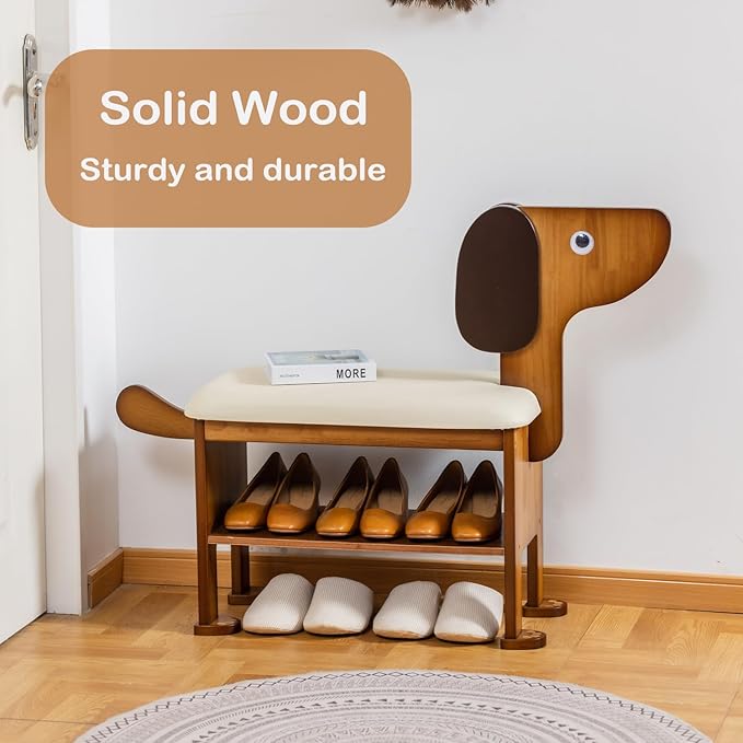SOBIBO Shoe Bench with Cushion, 2-Tier Dog Entryway Bench Cute, Wood Shoe Rack Bench,23.62 inches