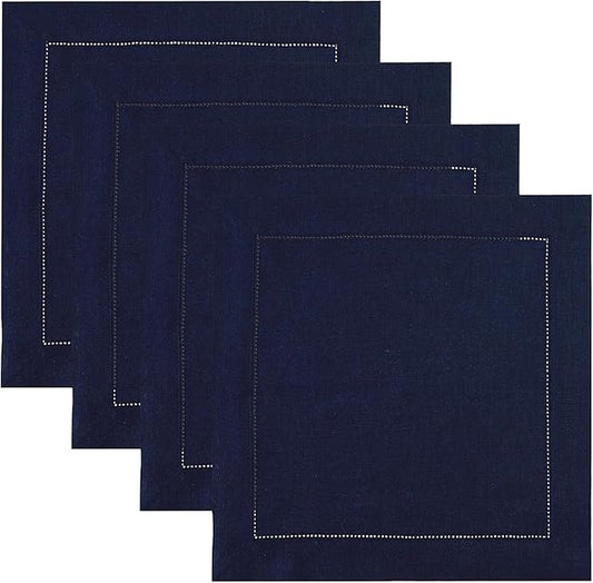 Solino Home Square Placemats Set of 4-100% Pure Linen Navy Blue Cloth Placemats 14 x 14 Inch - Classic Hemstitch, Machine Washable Place Mats for Winter, Easter