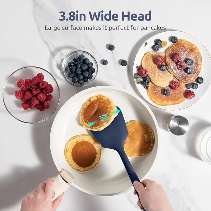 600쨘F Heat Resistant Silicone Turners: U-Taste 13.6in Long Solid & Slotted Kitchen Spatula Flipper, Food Grade Wide & Large Flexible Cooking Utensils for Flipping Eggs, Pancakes (Midnight Blue, 2PCS)
