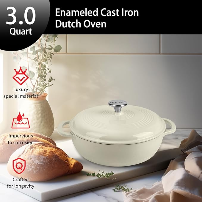 Enameled Cast Iron Dutch Oven Pot with Lid, 3 Quart Shallow Dutch Oven, Oven Safe up to 500째 F, Suitable for Bread Baking, Braising, Roasting, Stews, White