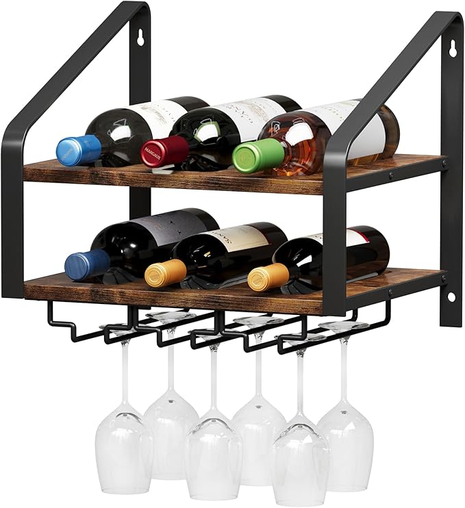 Wall Mounted Wine Rack for 6 Wine Bottles and 6 Glass Holder, 2-Tier Wall Wine Rack, Wood Wine Racks for Wall, Wood-Metal Wine Bottle Holder for Home Bar, Wine Kitchen Storage (Brown Black)
